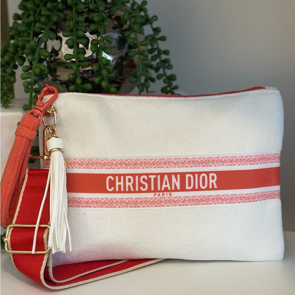 Dior White Canvas Cosmetic Pouch with Red Accent and Strap